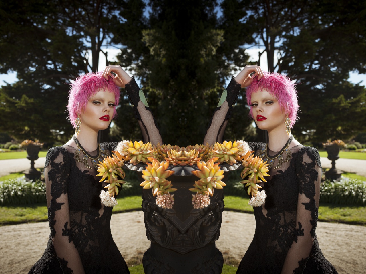 Olgia Loro Couture dress Earrings and neckpiece by Coussinet Cuff from Gusto & Elan